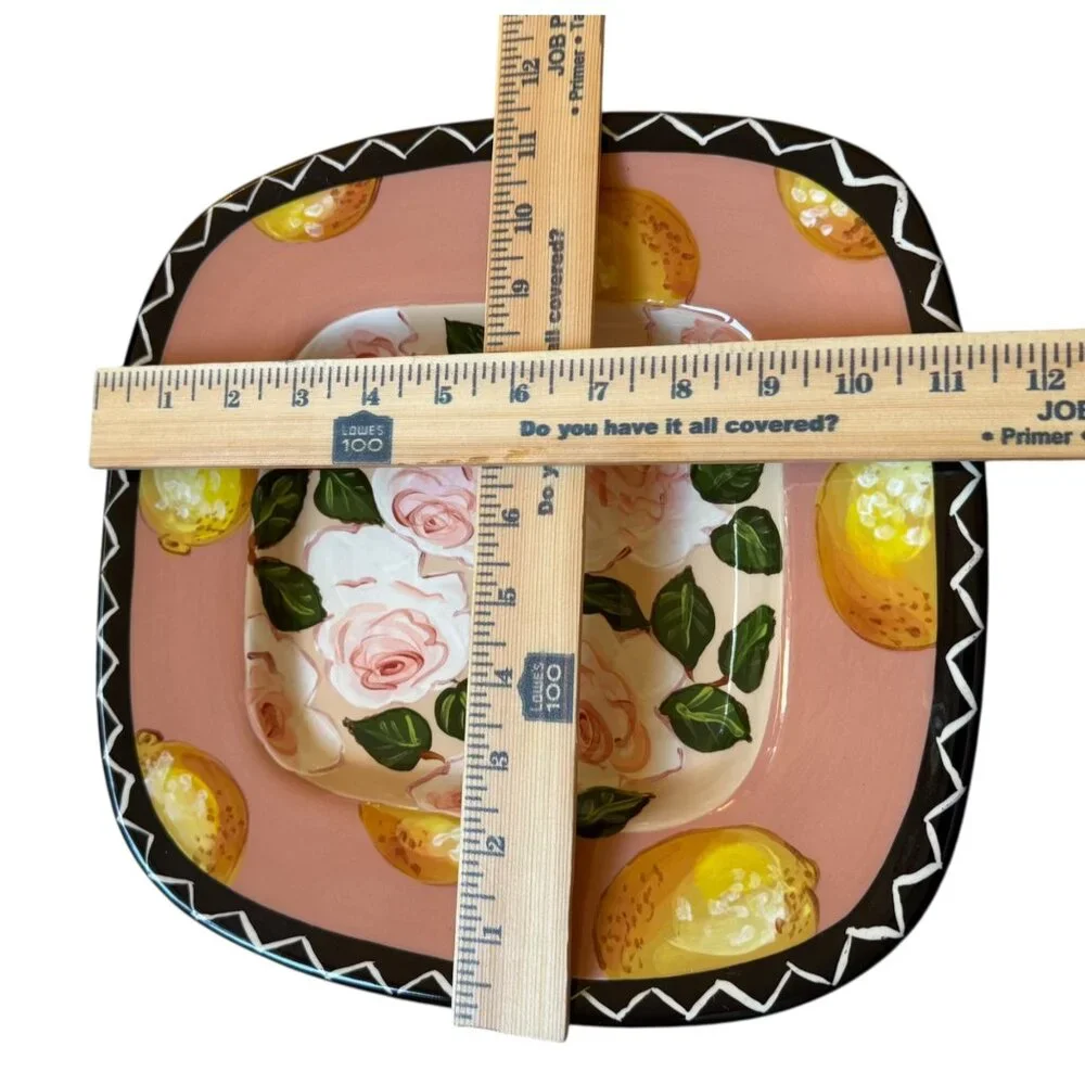 Droll Designs Hand Painted Ceramic Square Bowl‎ Pink Roses Yellow Lemons 11.5